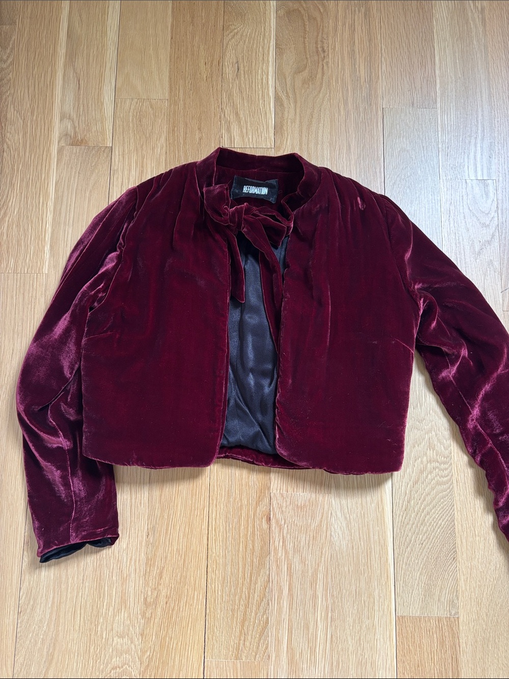 Reformation Velvet Cropped Blazer in Burgundy